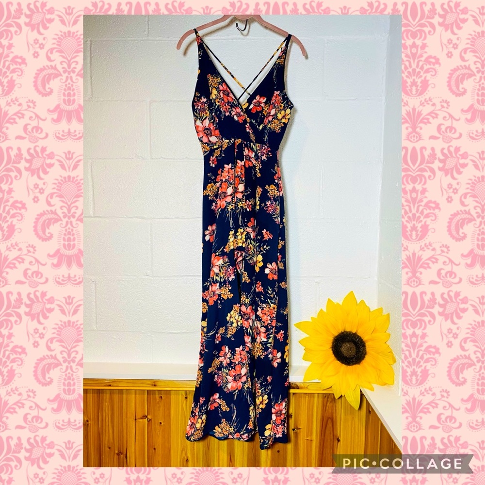 Mi Ami Size Small Floral Navy Blue Maxi Dress
